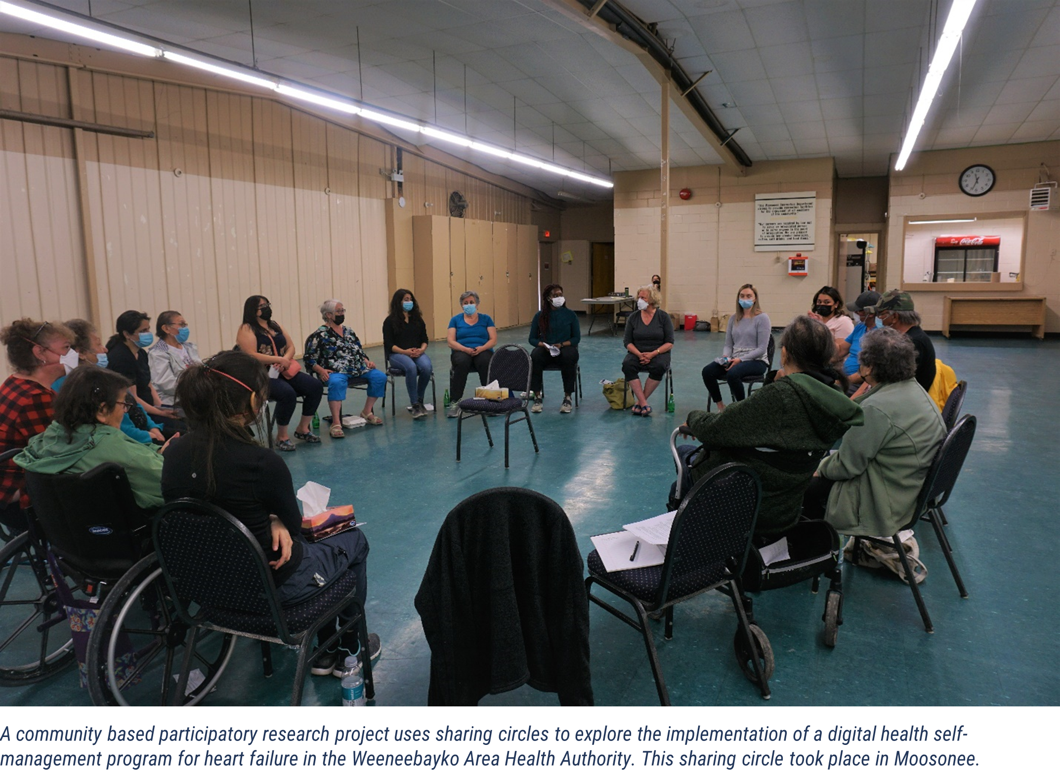 A community based participatory research project uses sharing circles to explore the implementation of a digital health self-management program for heart failure in the Weeneebayko Area Health Authority. This sharing circle took place in Moosonee.