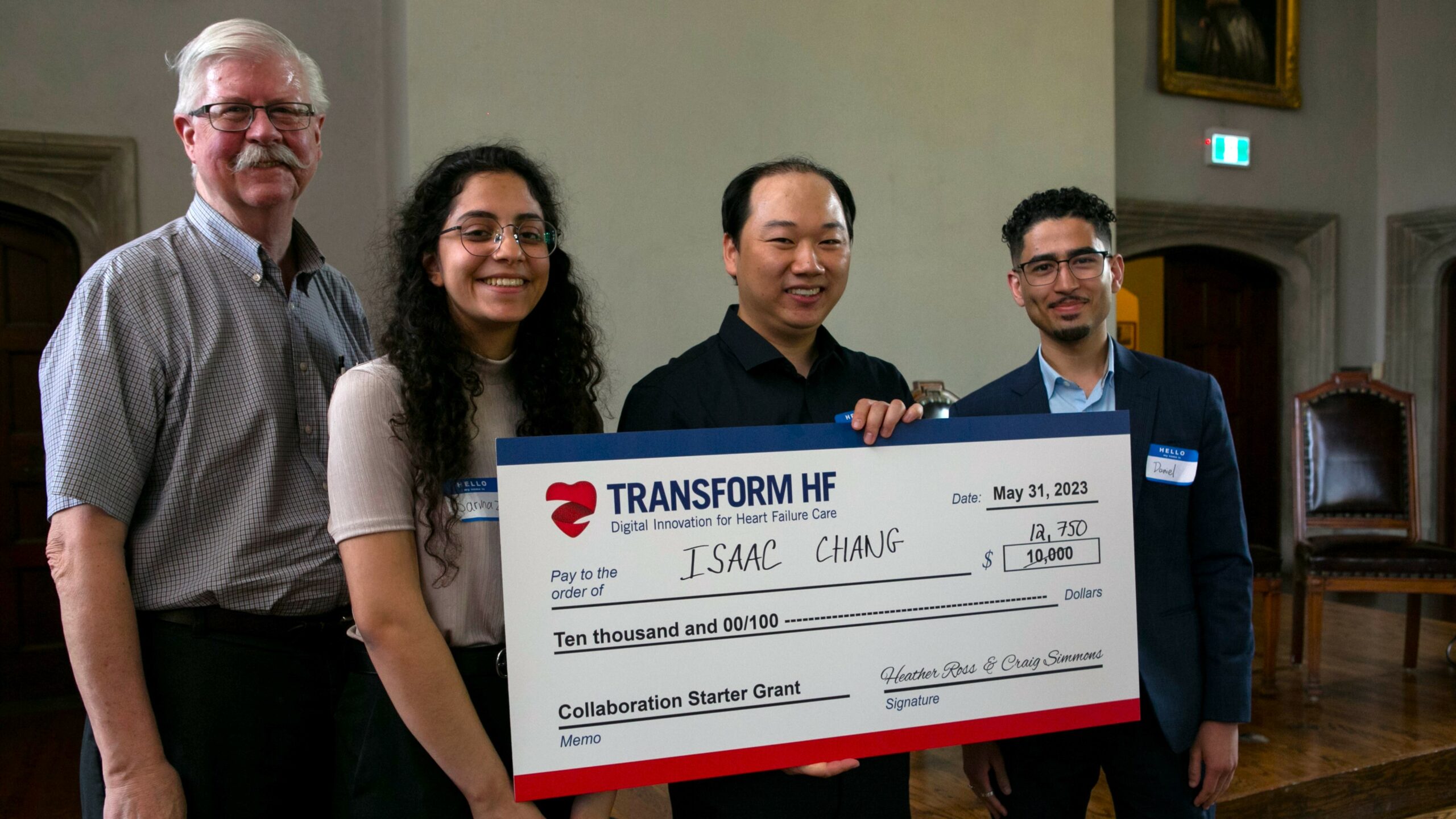 Isaac's team took home first prize at TRANSFORM HF's Spring Network Event's pitch competition for their remote monitoring technology, Smart Tile. L-R: Thom Benson, Sarvnaz Ale Mohammad, Isaac Chang, David Singh.